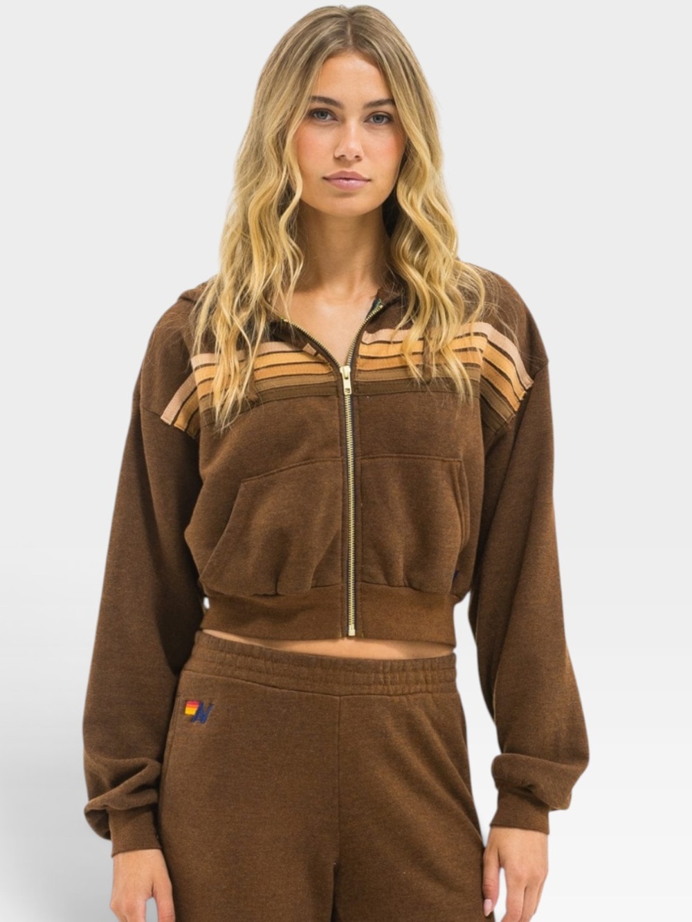 Aviator Nation 5 Stripe Cropped Zip Hoodie Chocolate Espresso Size M NWT - Picture 2 of 9